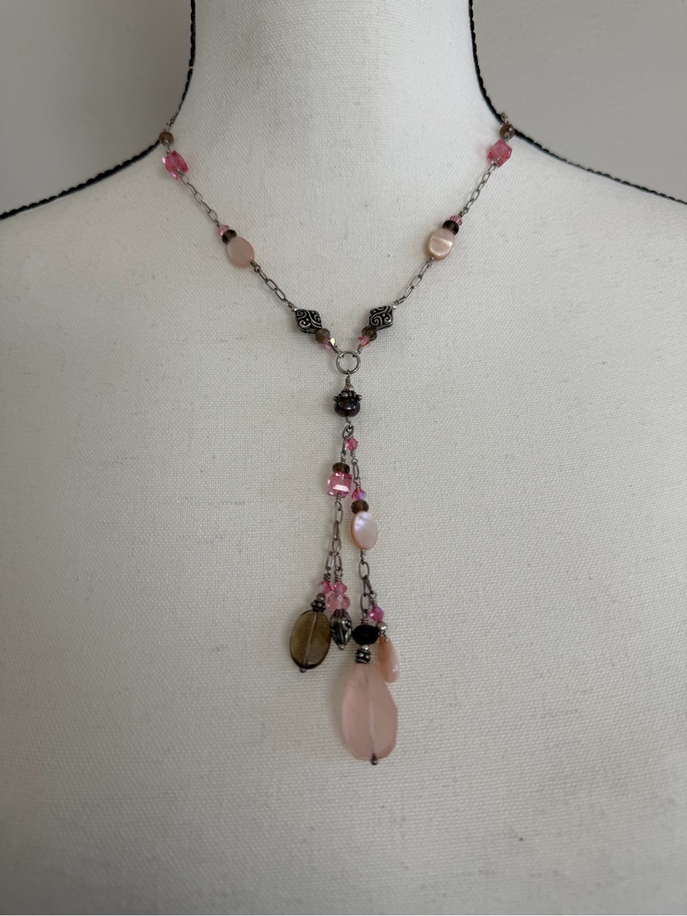 Tres Jolie Delicate Pink Bead Y-Drop Necklace and earrings set